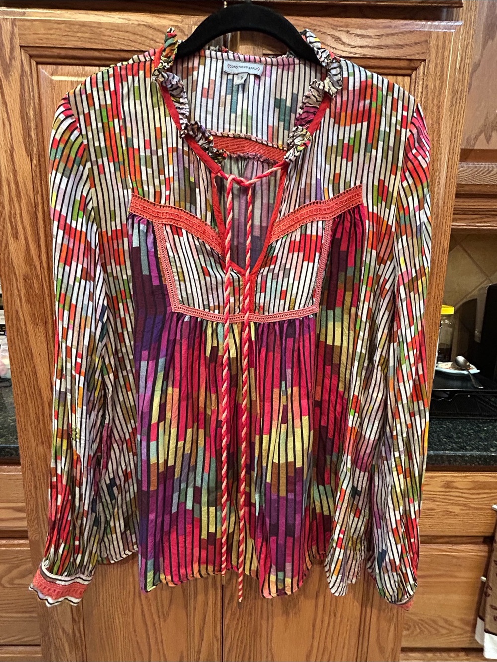 Boho Multicolor Tie-Front Peasant Tunic - Coral Trim
